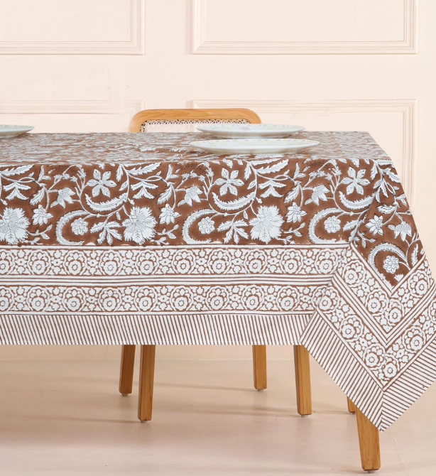Dark Brown Floral Print Pure Cotton Tablecloth